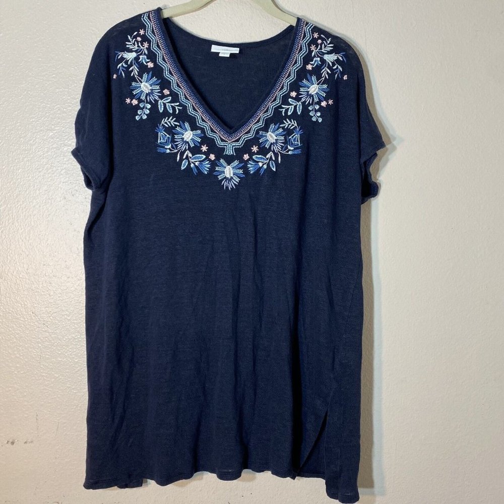 J.Jill Embroidered V-Neck Navy Women's Top L Short Sleeves Tunic Style